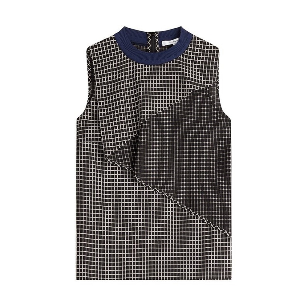 Carven Black and White Geometric Sleeveless Top with Navy Trim